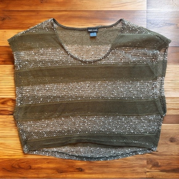 WET SEAL Olive Green Sequin Mesh See-Through Short Sleeve Top – Size Large - Picture 6 of 12